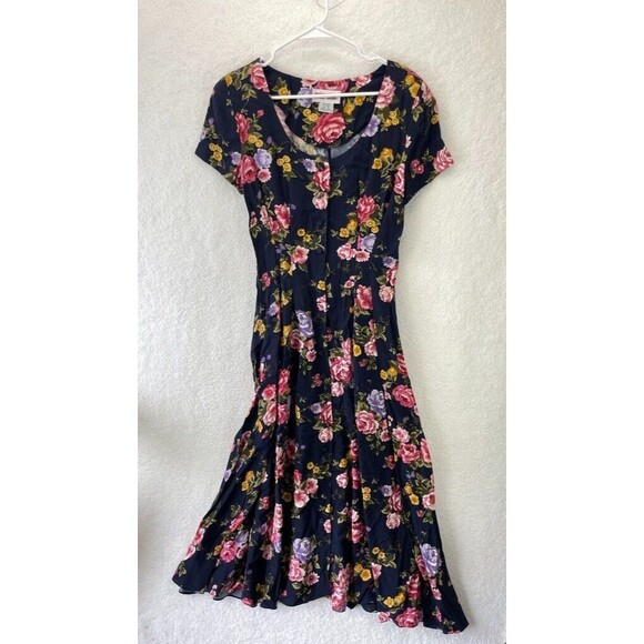 Maggy London Vintage 80s Dress Womens Size 10 Floral Fit & Flare Rayon Button Up - Picture 1 of 6